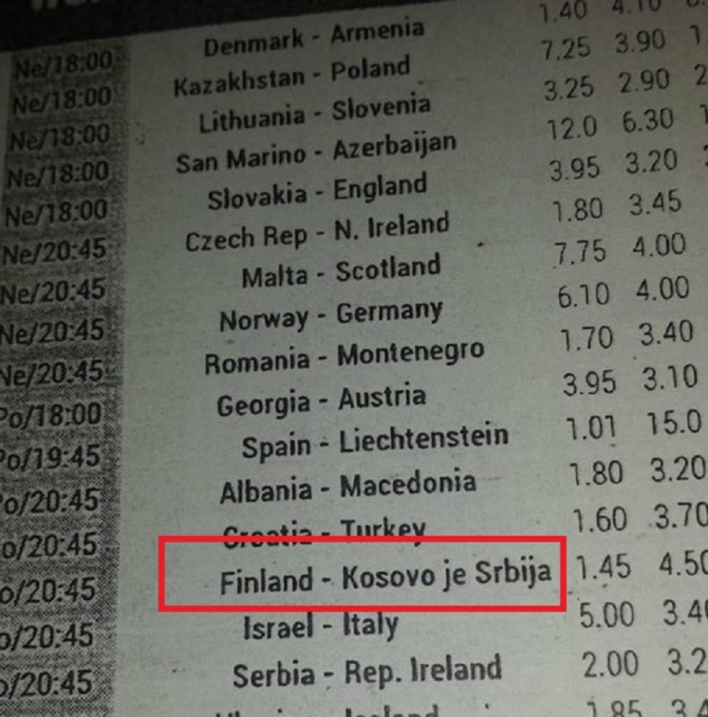 Slikovni rezultat za kladionica finska kosovo je srbija