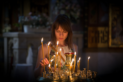 Church, woman, prayer, candles