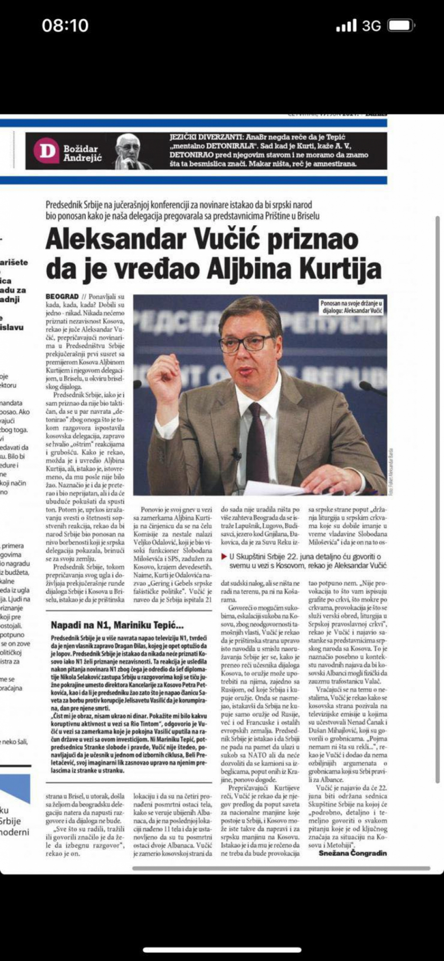 VUČIĆ ZLIKOVAC, KURTI HEROJ Pogledajte sramotno pisanje Đilasovog propagandnog lista Danas (FOTO)