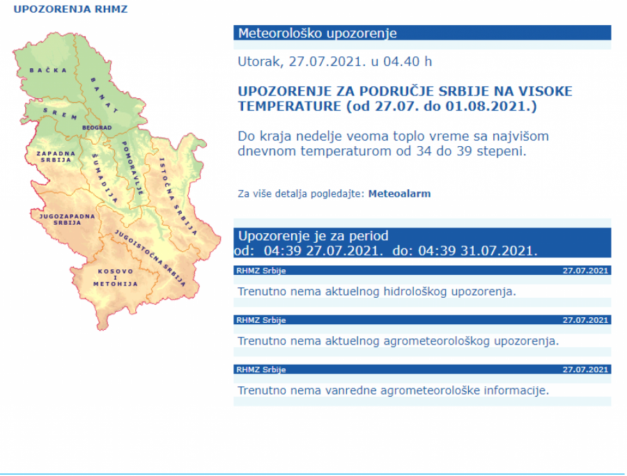 VREMENSKA PROGNOZA ZA 27. JUL: RHMZ izdao upozorenje na visoke temperature! Evo kada možemo očekivati osveženje