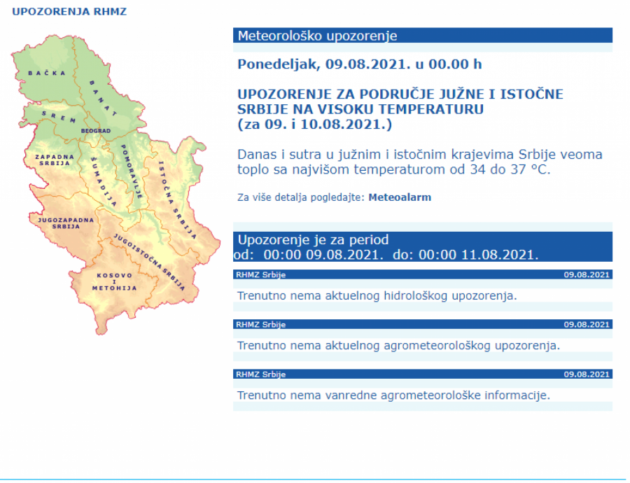 VREMENSKA PROGNOZA ZA 9. AVGUST: RHMZ izdao upozorenje, vreo dan pred nama!