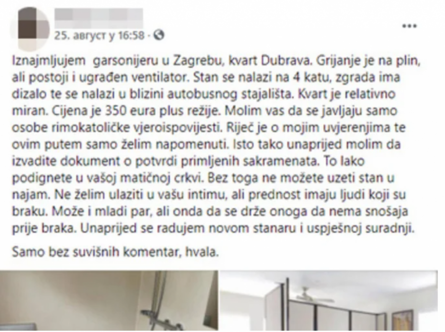 USLOVI IZ OGLASA ZA STAN U HRVATSKOJ IZAZVALI BURU Izdaje se rimokatolicima, potrebna je potvrdu iz crkve i nema se*sa