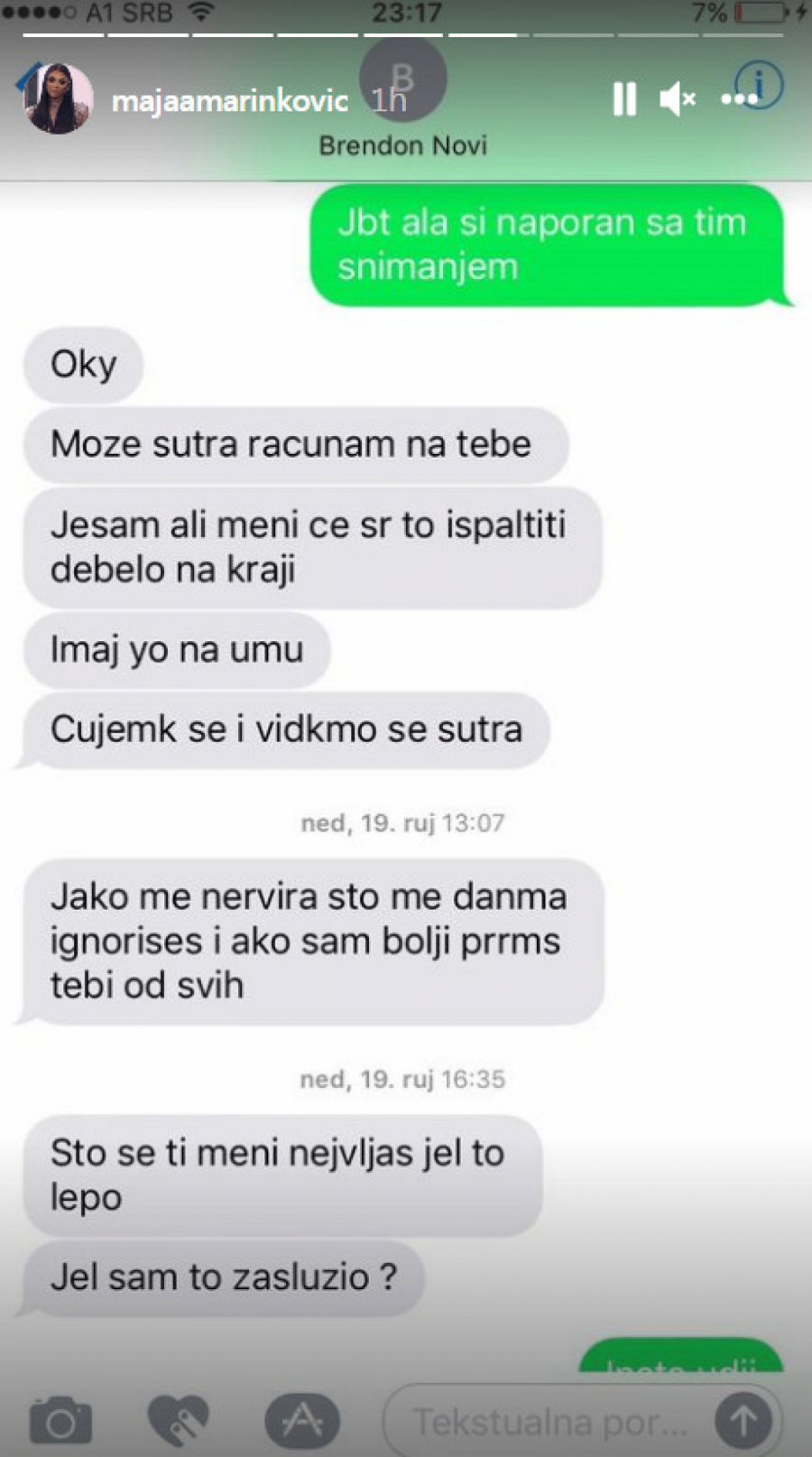 DNO DNA OD ČOVEKA! Maja Marinković objavila prepiske sa Brendonom i uputila mu žestoke uvrede!