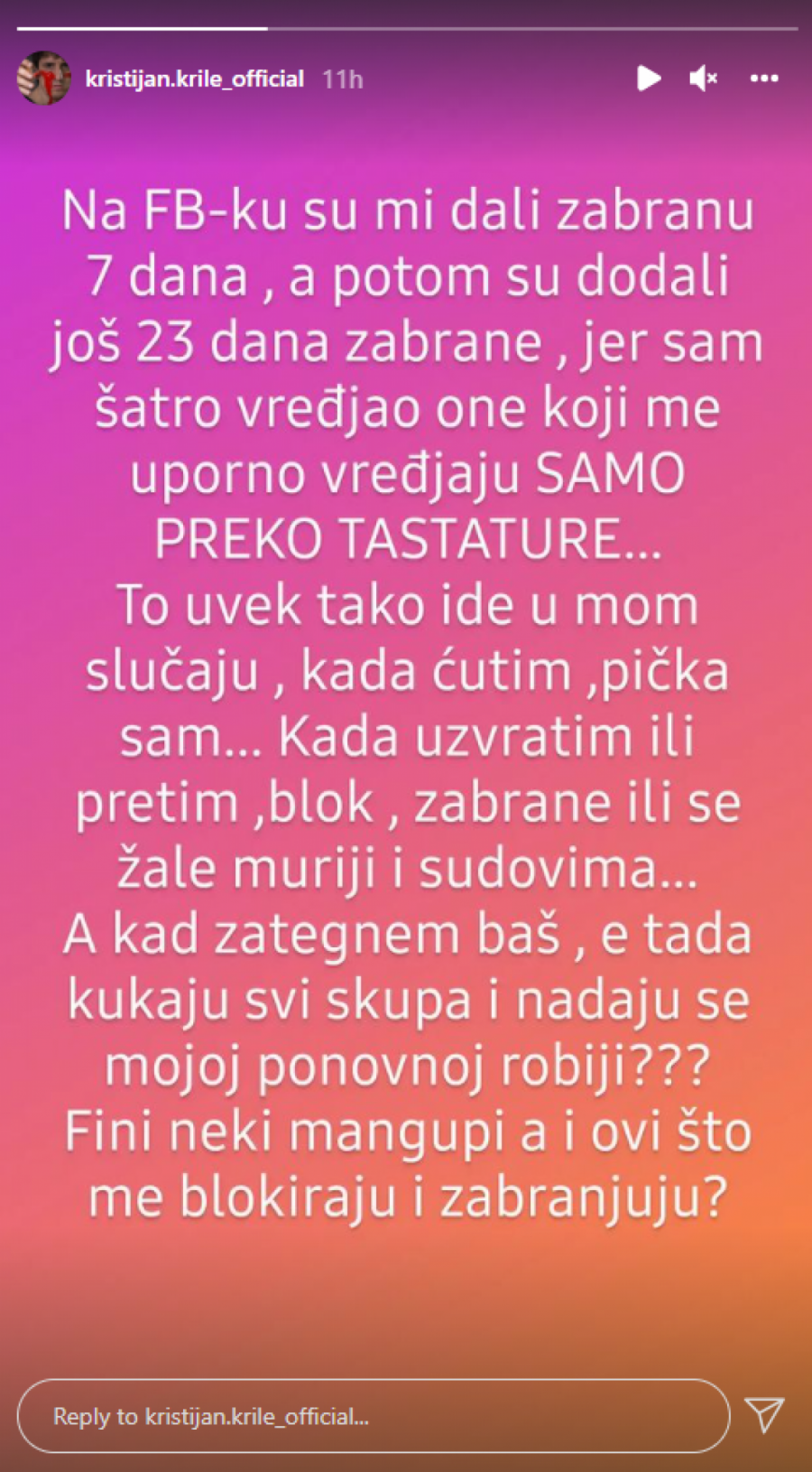 DOBIO ZABRANU OD FEJSBUKA Oglasio se Kristijan Golubović i naveo da se nadaju njegovoj ponovnoj robiji!