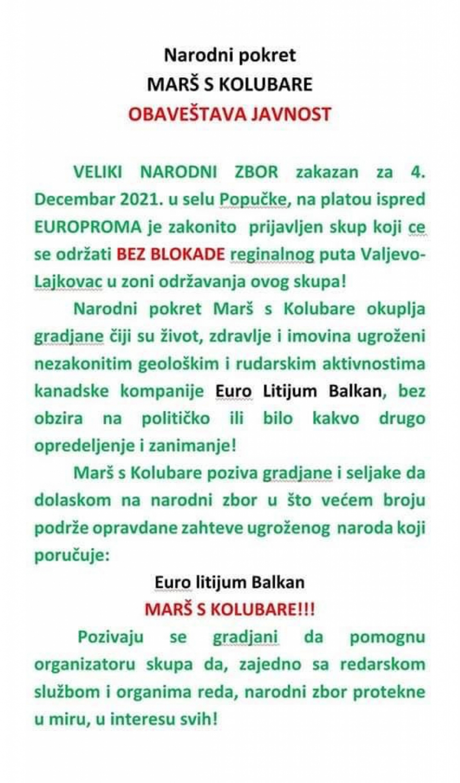 NEĆE KAO ĐILAS I MARINIKA Narodni pokret Marš s Kolubare pozivaju na mirno okupljanje 4. decembra