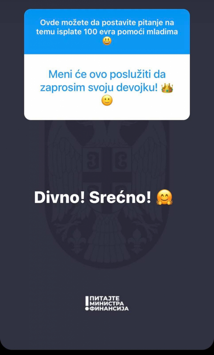 MALI PRESREĆAN Ministar finansija čestitao prosidbu!