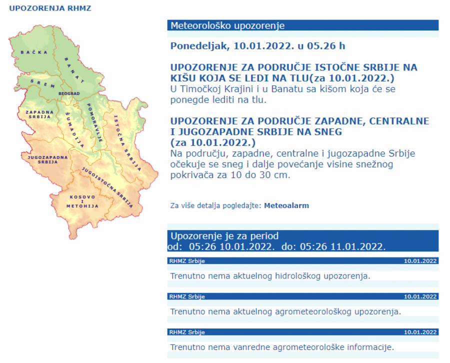 VREMENSKA PROGNOZA ZA 10. JANUAR: RHMZ izdao upozorenje, u ovim krajevima Srbije kritično!