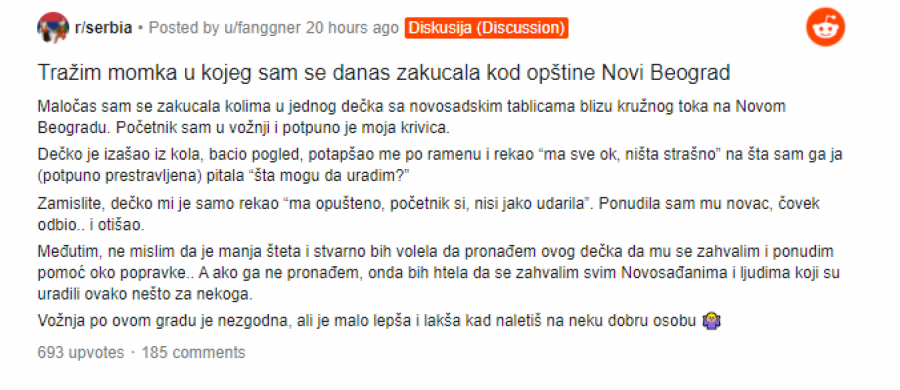 TRAŽI GA PREKO MREŽA Beograđanka odlepila zbog reakcije dečka iz Novog Sada čiji je auto udarila