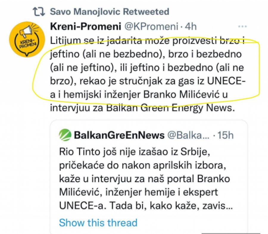 LAŽNI EKOLOG SAVO MANOJLOVIĆ OPET PROMENIO PLOČU Rio Tinto hteo da otera iz Srbije, sad kaže da litijum može da se kopa!