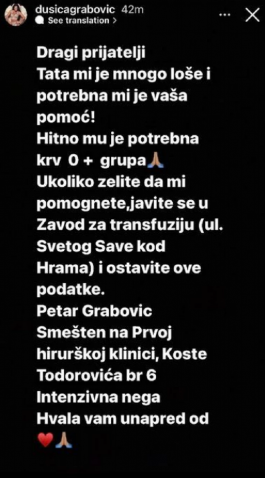 SRPSKA PEVAČICA MOLI ZA POMOĆ! Dušica Grabović u strahu poručila svojim pratiocima - HITNO JE!