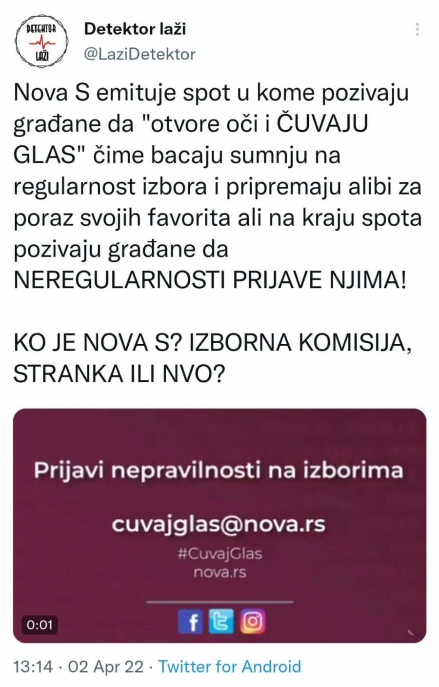 NOVA S SE PROGLASILA UČESNIKOM IZBORNOG PROCESA Pozivaju da se njima prijave 