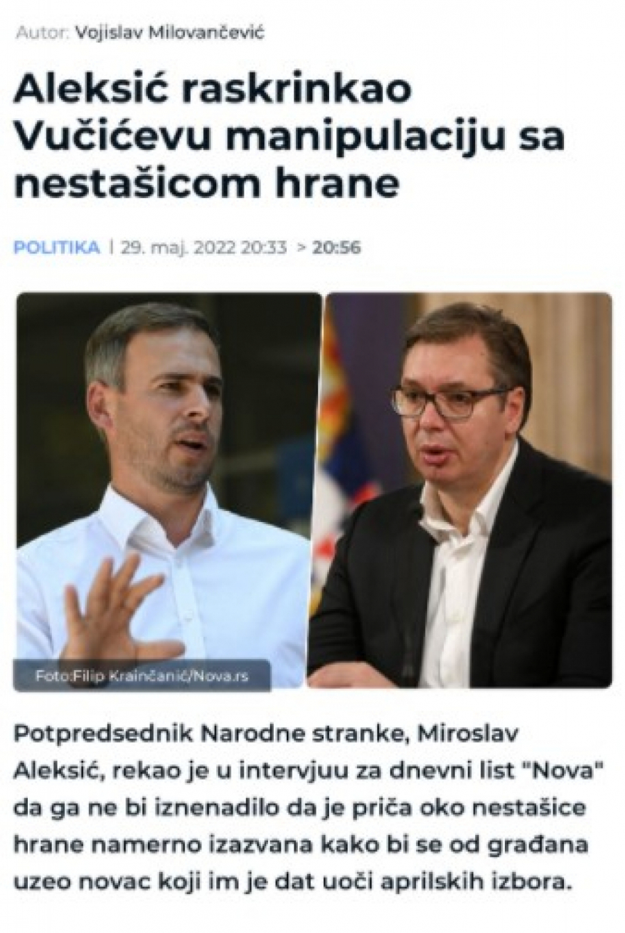 MASNE LAŽI JEREMIĆEVOG POTRČKA Folirant Aleksić sramno tvrdi: Vučić namerno govori da nam preti nestašica hrane