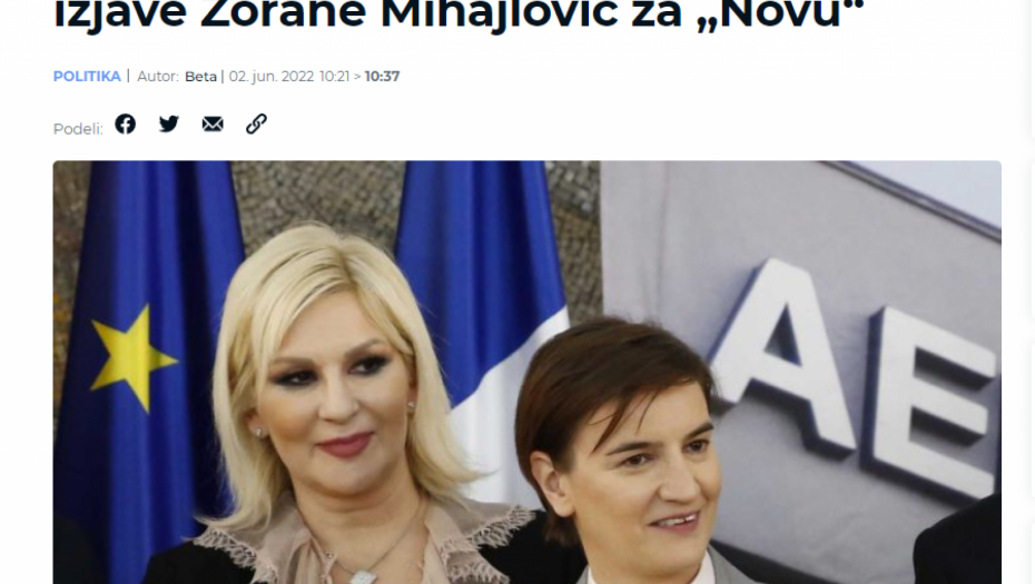 ŠTITE SVOJU OMILJENU MINISTARKU Tajkunski medij grčevito brani Zoranu Mihajlović i napada Anu Brnabić!