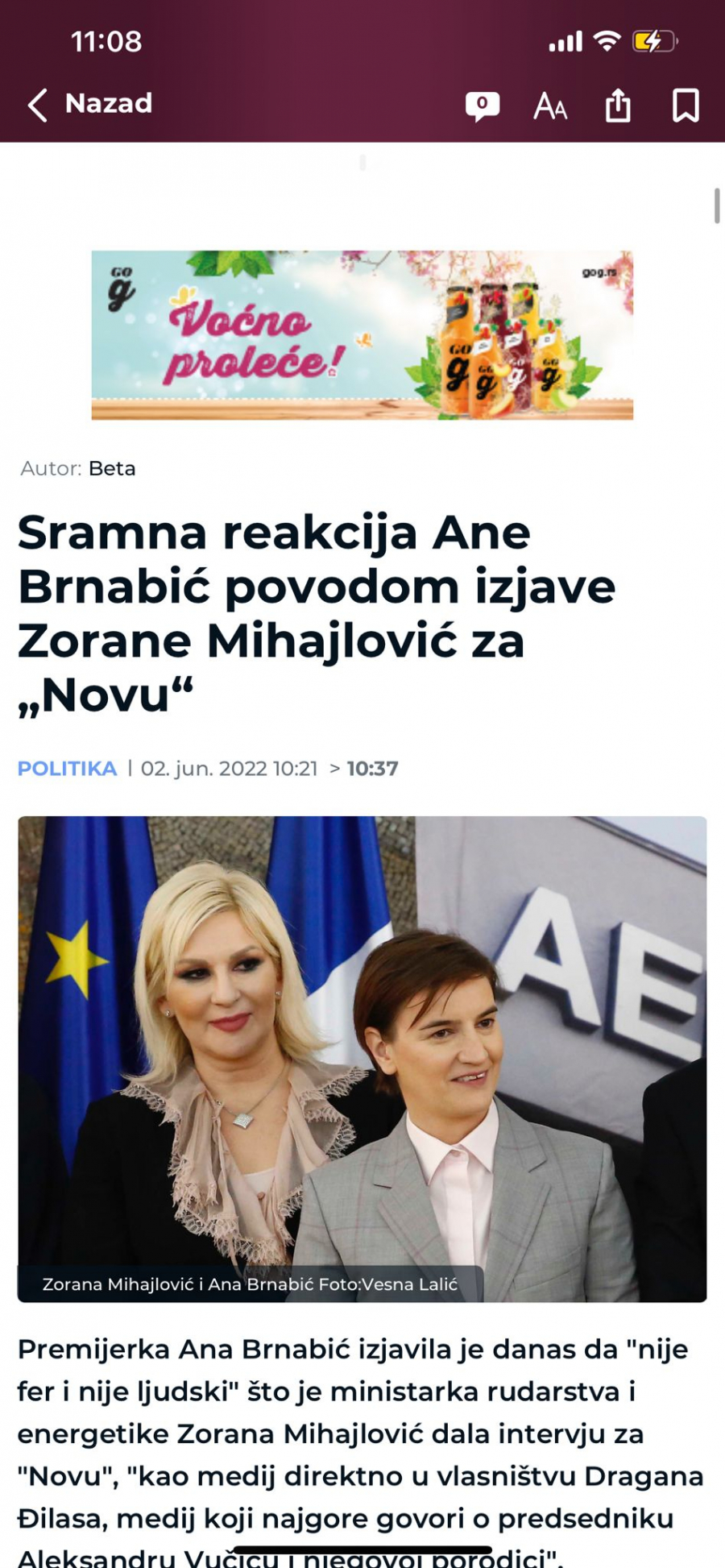 ŠTITE SVOJU OMILJENU MINISTARKU Tajkunski medij grčevito brani Zoranu Mihajlović i napada Anu Brnabić!