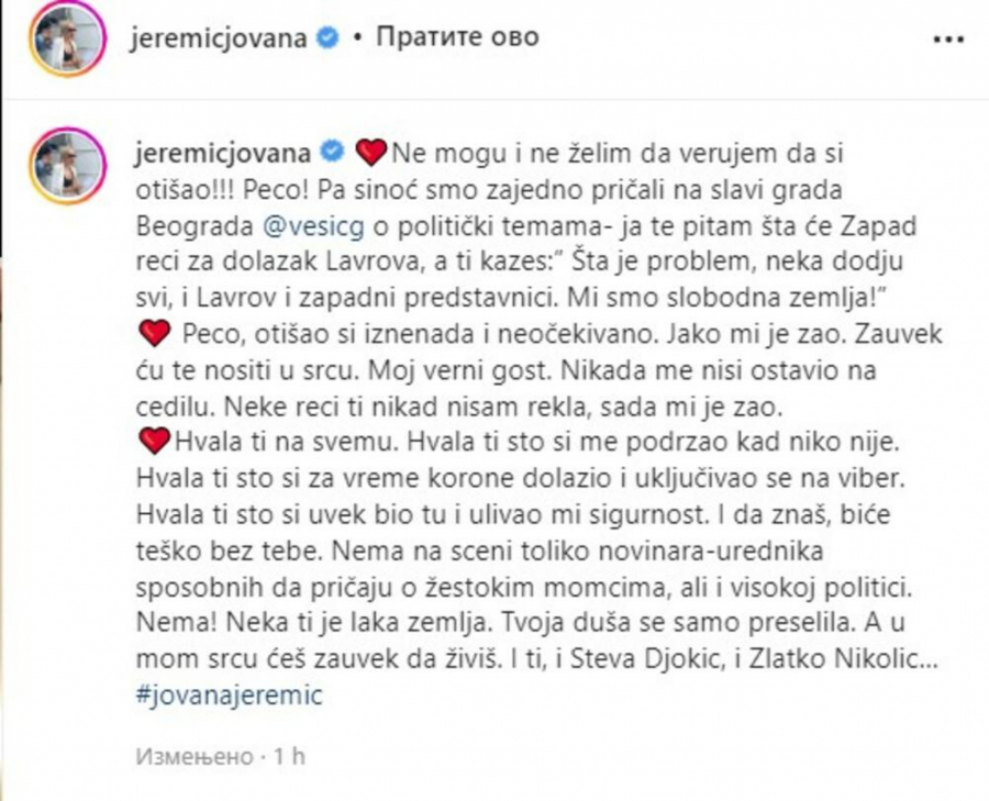 NEKE REČI TI NIKAD NISAM REKLA, HVALA TI NA SVEMU Jovana potpuno slomljena nakon iznenadne smrti Pece Jeremića