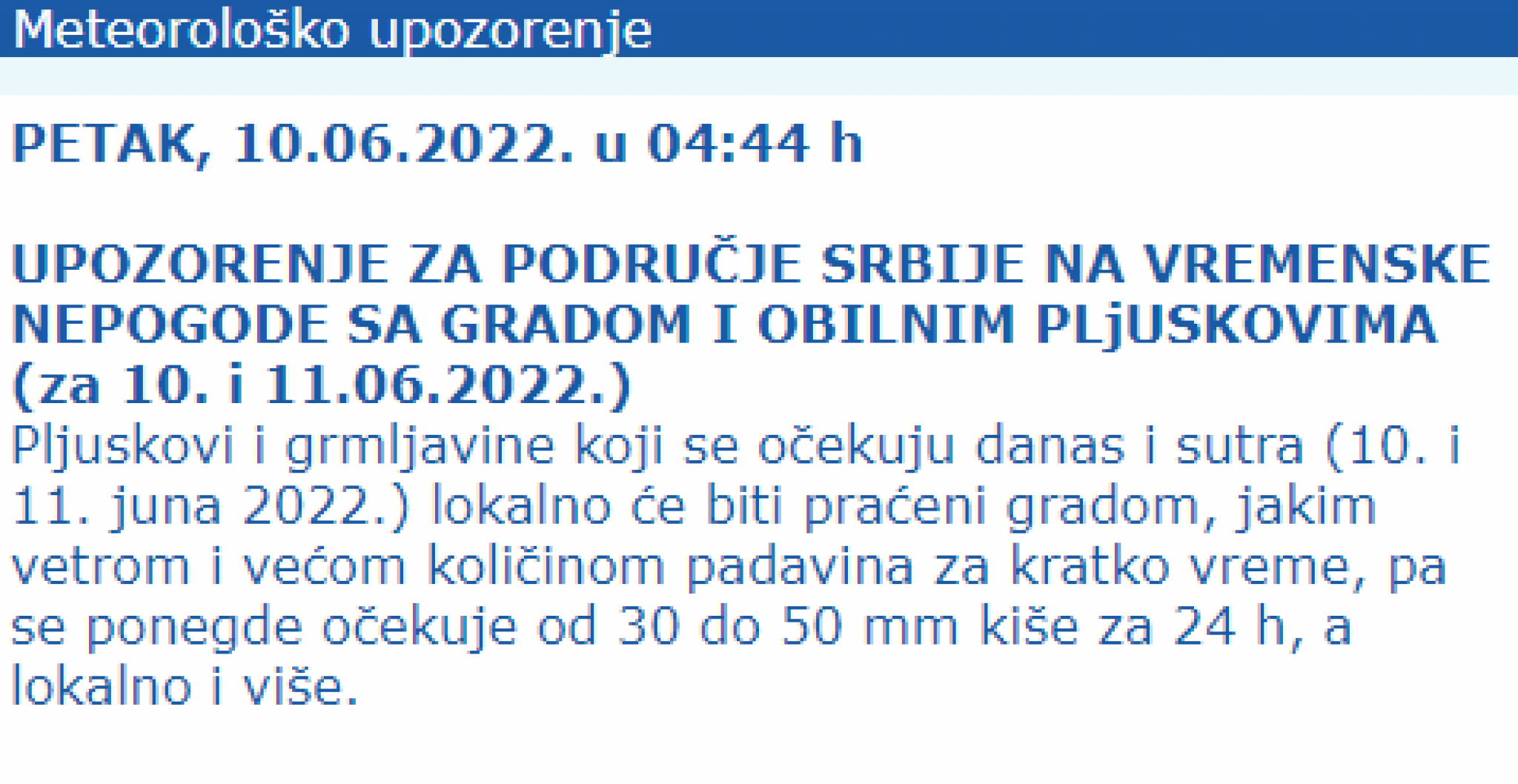 PROGNOZA ZA 10. JUN Izdato upozorenje na vremenske nepogode!