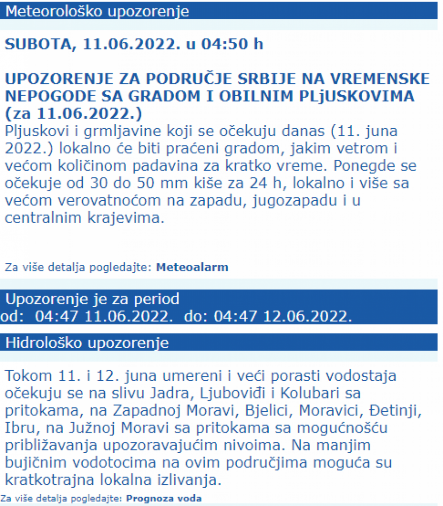 RHMZ UPOZORAVA NA VREMENSKE NEPOGODE Ovi delovi Srbije na udaru, pljuskovi, grmljavina i grad!