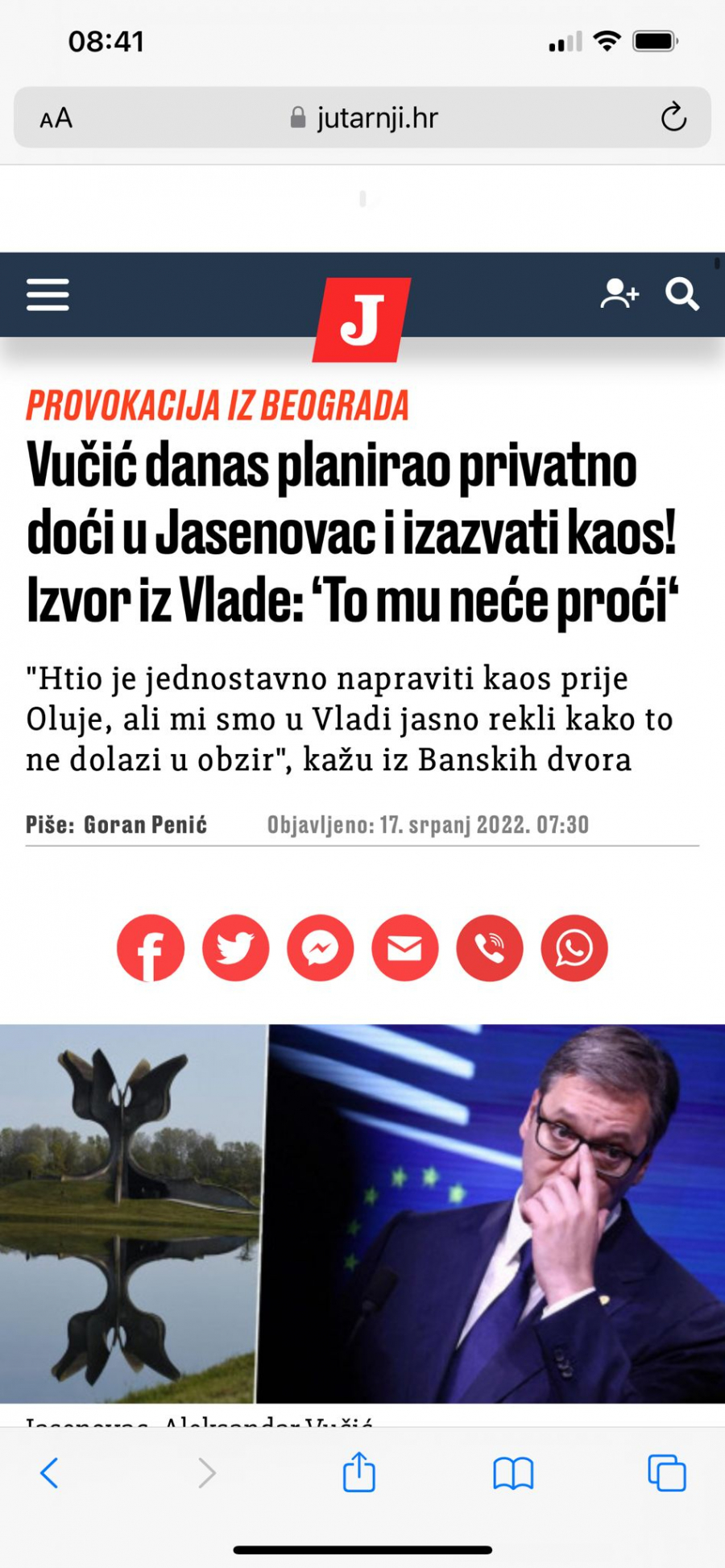 VUČIĆU ZABRANILI PRIVATNU POSETU JASENOVCU Ustaške vlasti Andreja Plenkovića sprečile predsednika da oda počast srpskim žrtvama