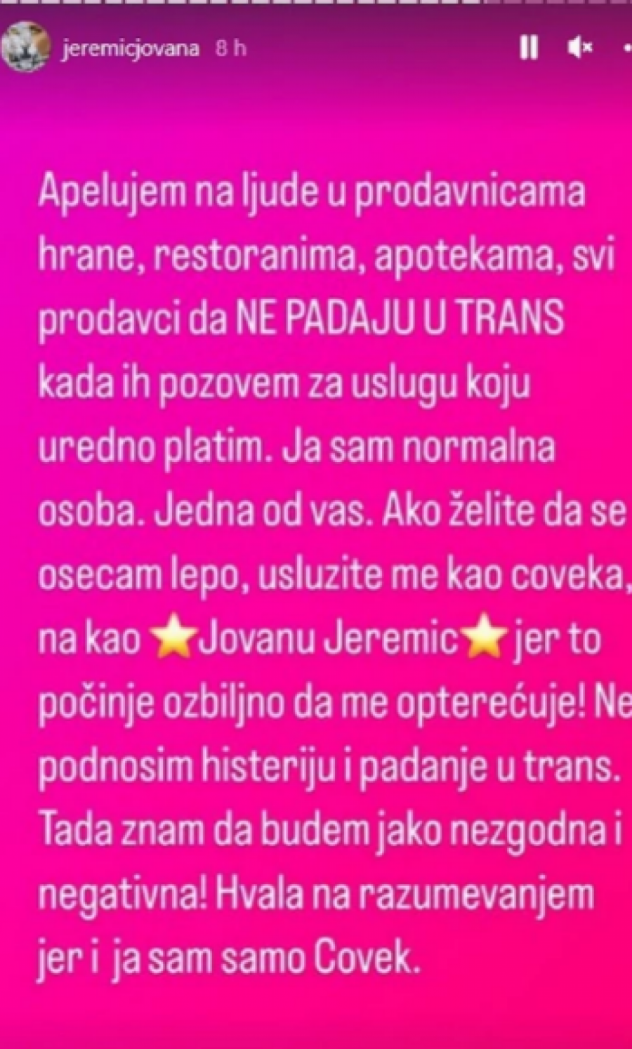 MOLIM LJUDE DA NE PADAJU U TRANS! Hit izjava Jovane Jeremić, apelovala na svoje sugrađane (FOTO)