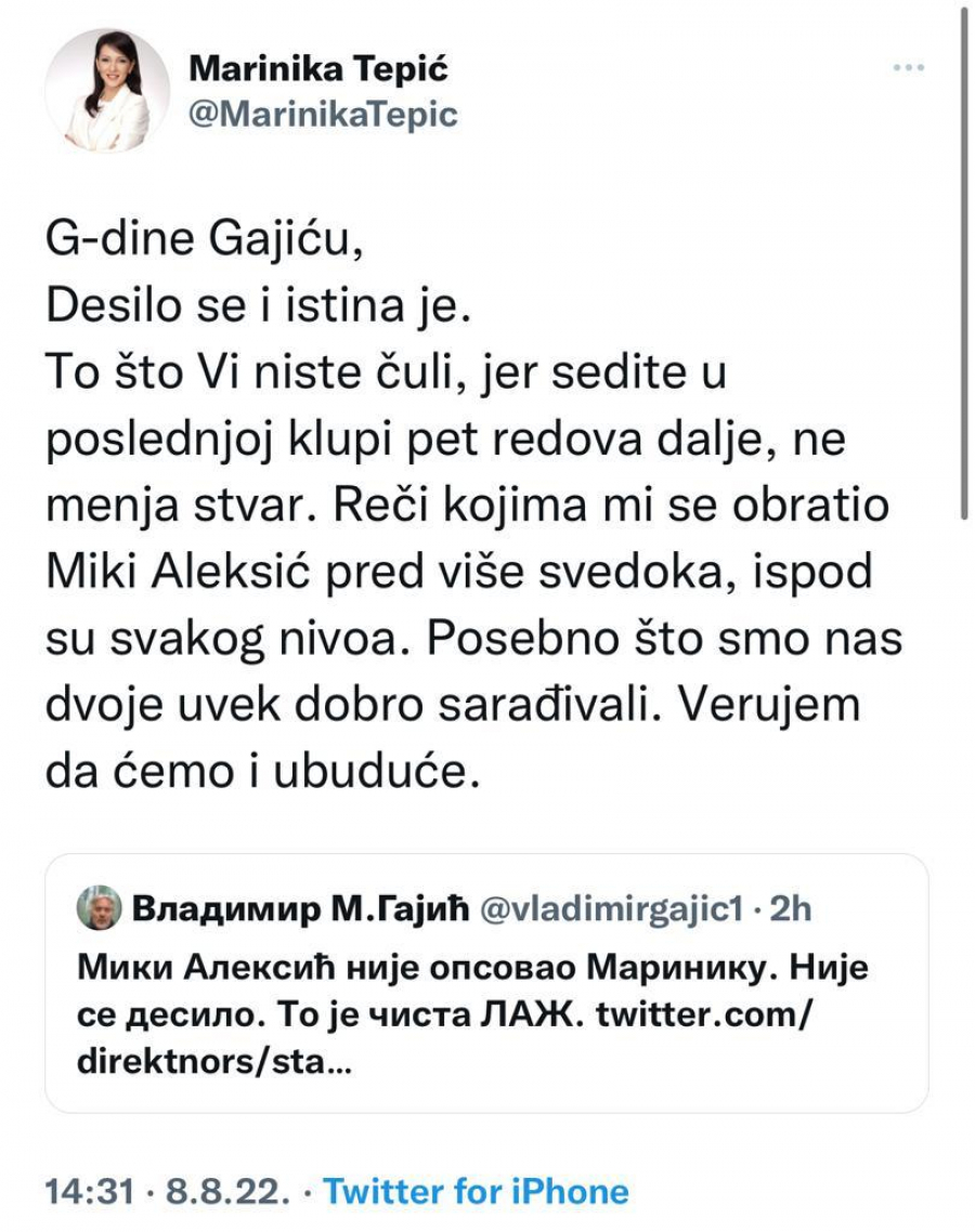 MARINIKA TEPIĆ PONOVILA ĐILASOVE REČI Psovao me Jeremićev Miki Aleksić!