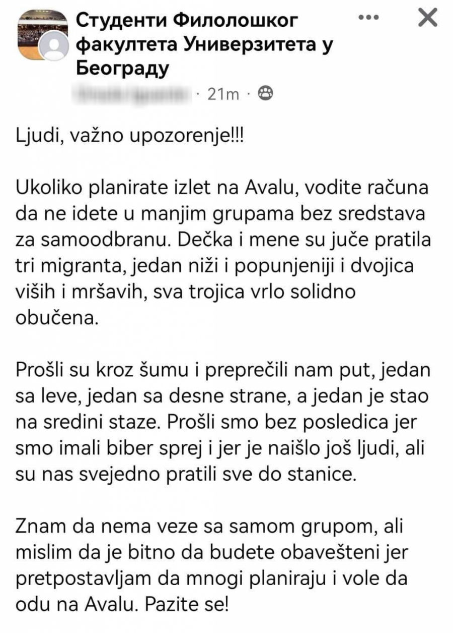 JEZIVO UPOZORENJE BEOGRADSKE STUDENTKINJE Ne idite sami na Avalu i ponesite biber-sprej! (FOTO)