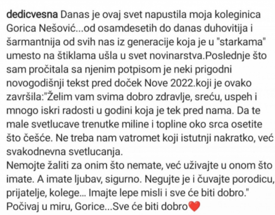 VESNA DEDIĆ SE OPROSTILA OD GORICE NEŠOVIĆ: Napustila nas je najšarmantnija i najduhovitija iz generacije