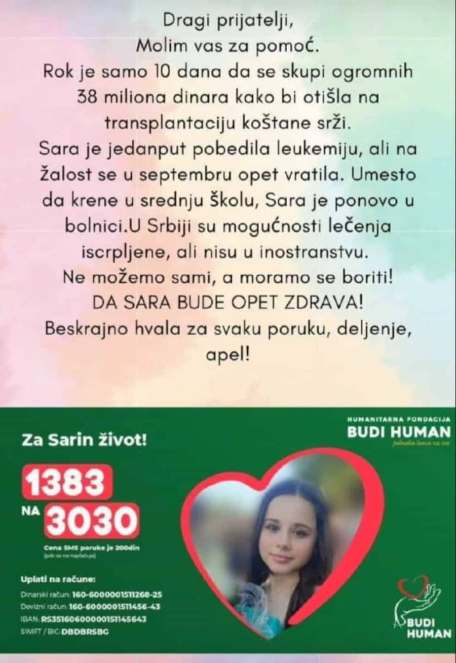 OSTALO JE JOŠ DESET DANA Pomozite Sari da se vrati normalnom životu: Potrebno je skupiti još 38 miliona dinara!