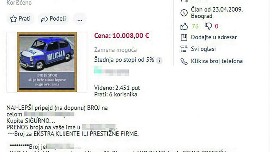 Prodaje broj za 10.000 evra!