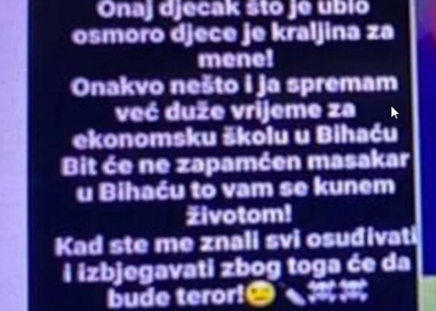 BIVŠI UČENIK NAJAVIO DA ĆE UBITI UČENIKE I RADNIKE SREDNJE ŠKOLE Priveden mladić koji je pretio masakrom u Bihaću