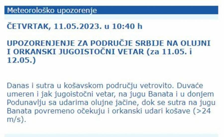 UDARI VETRA I DO 100 KILOMETARA Evo do kada će duvati košava, nećete se baš obradovati