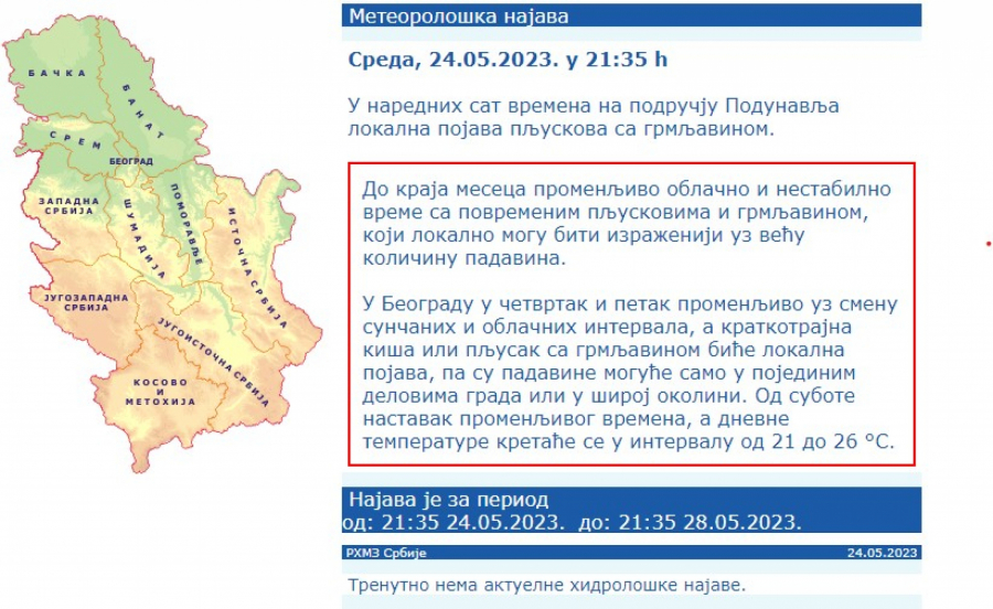 NEVREME SAMO ŠTO NIJE POČELO RHMZ izdao hitno upozorenje za ovaj deo Srbije