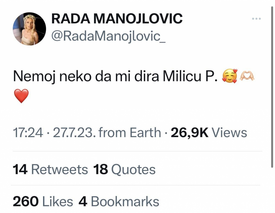 Rada Manojlović podržala Milicu Pavlović