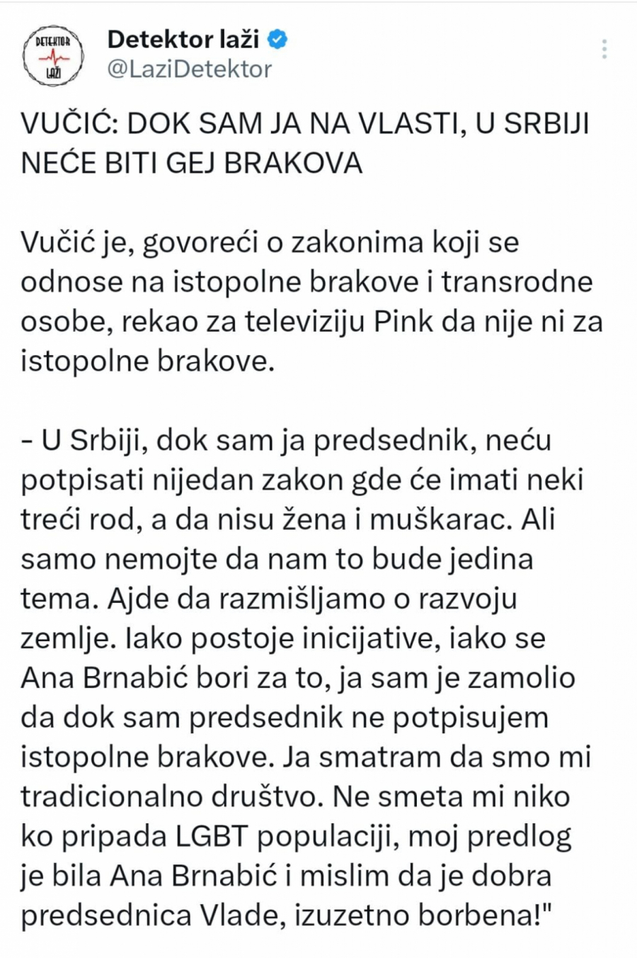 Aleksandar Vučić o istopolnim brakovima