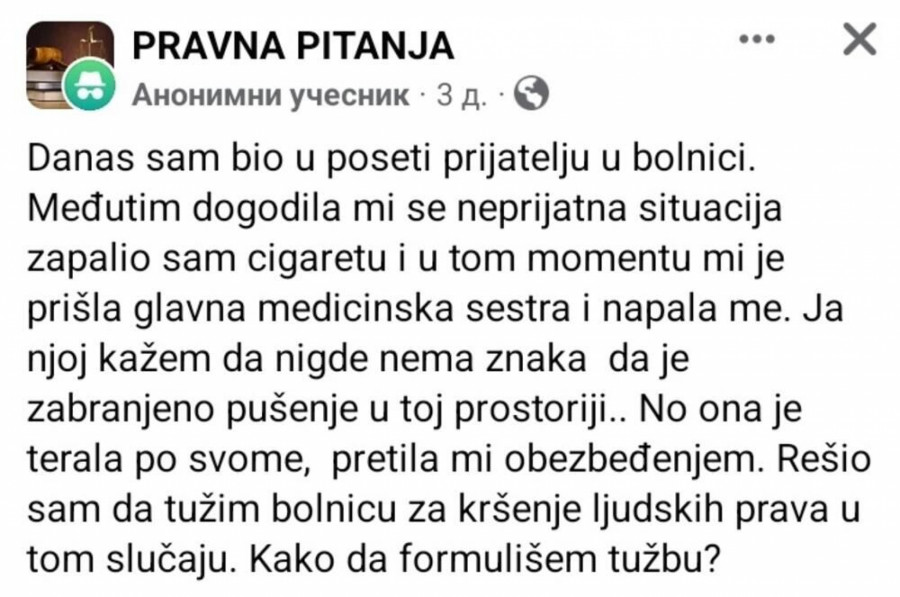 Pitanja pravnoj službi zbog pušenja u prostorijama bolnice