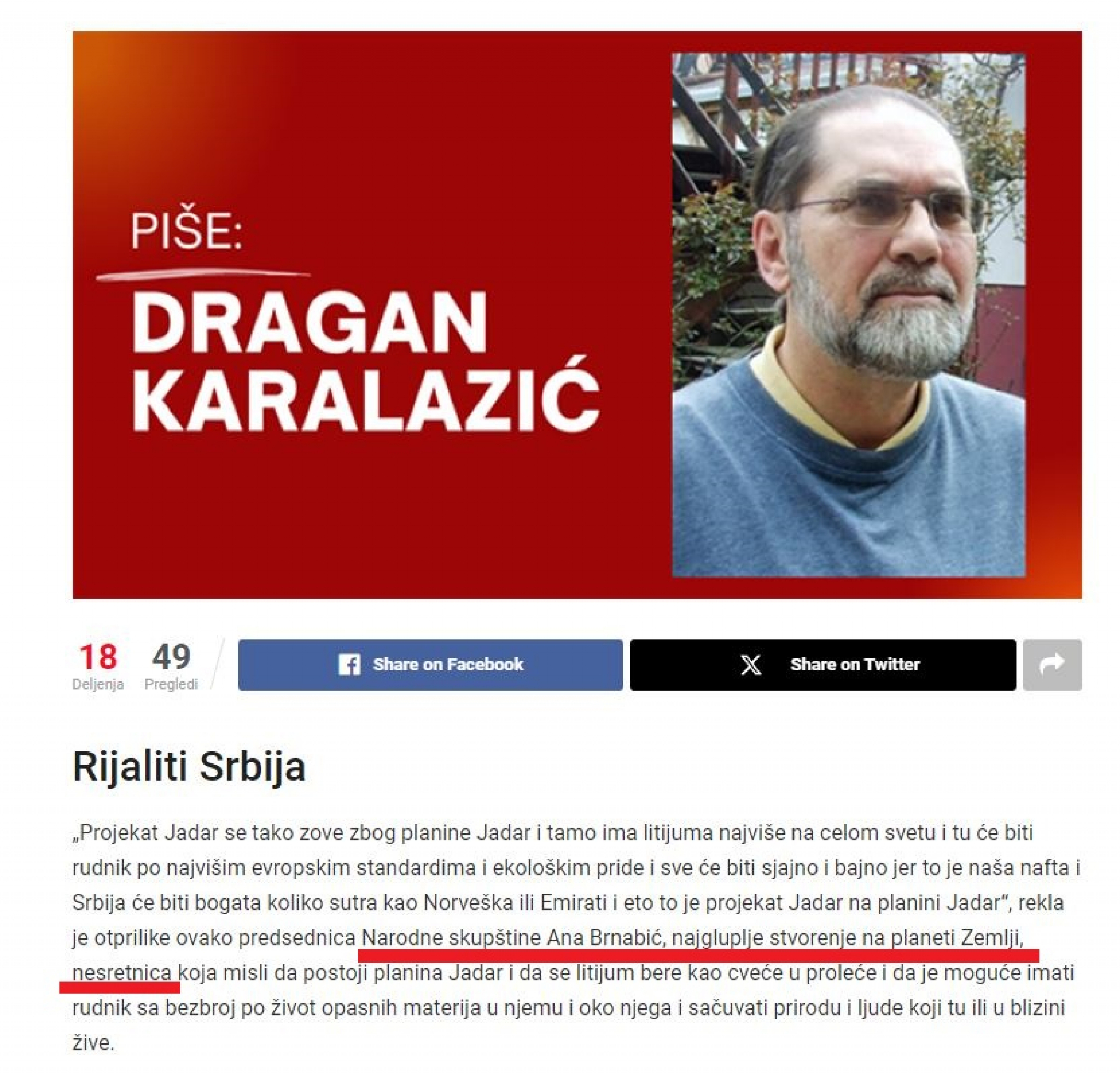 Kolumna Dragana Karalazića
