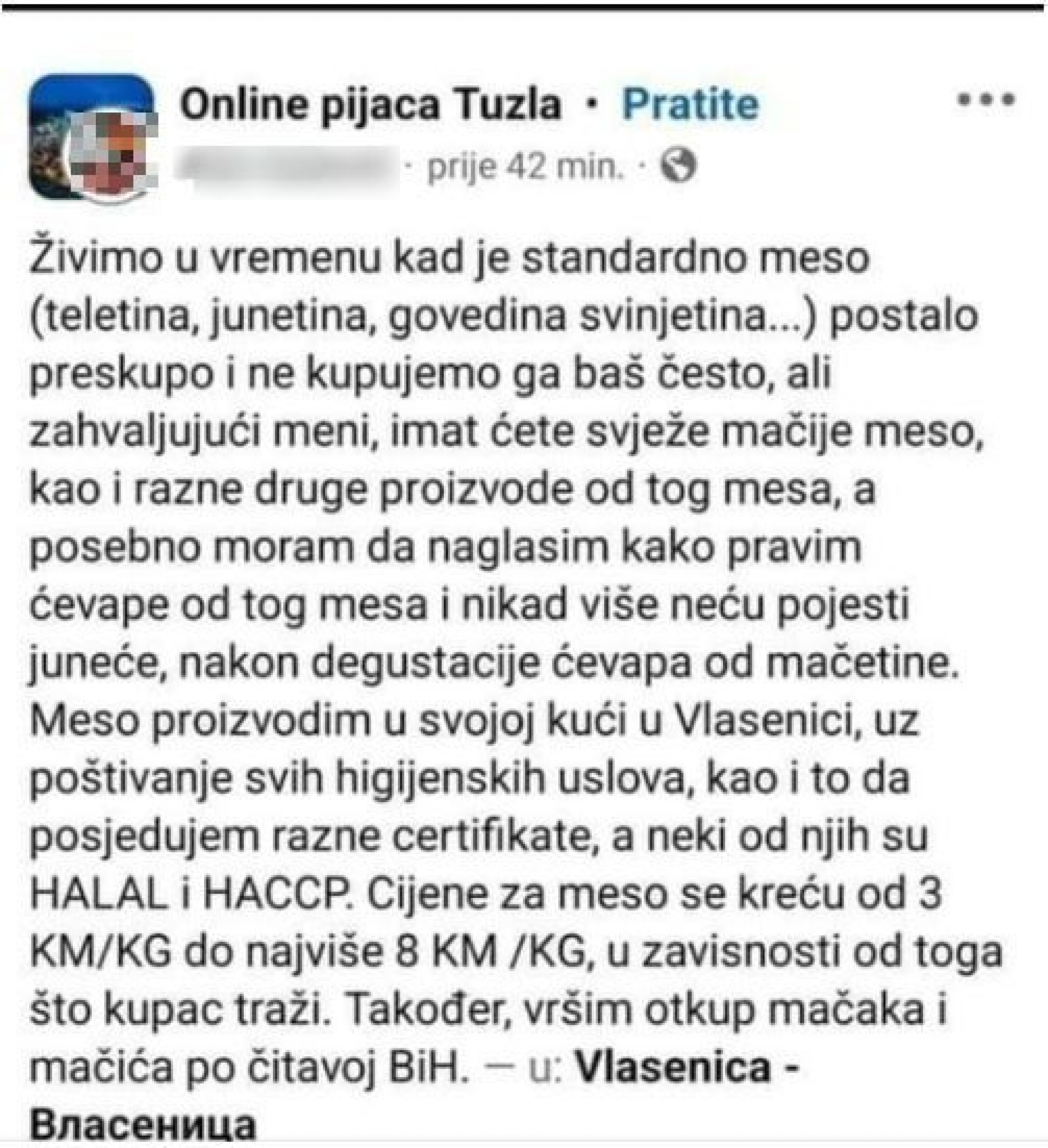 Oglas za prodaju mačjeg mesa