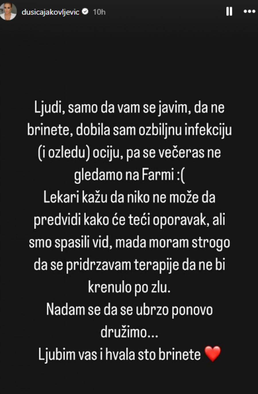 DUŠICA JAKOVLJEVIĆ ZAVRŠILA U KLINIČKOM! Voditeljka zabrinula javnost šok objavom: "Uspeli smo da spasimo vid"