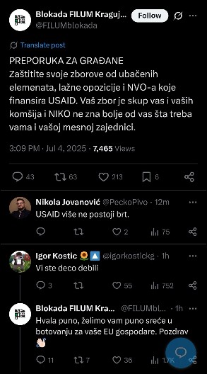 BLOKADERI SE RAZRAČUNAVAJU I MEĐUSOBNO I SA EU: "Zaštitite zborove od lažne opozicije i USAID-a!"