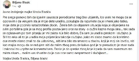 JAVNO IZVINJENJE MAJKE UROŠA BLAŽIĆA Dan ranije reagovala sa smajljem sa srcima na objavu presude za ubistva kod Mladenovca
