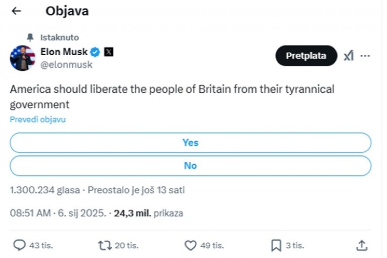 ŠOKANTNA ANKETA NA PROFILU ILONA MASKA: Optužuje britanskog lidera Kira Starmera za prikrivanje zločina