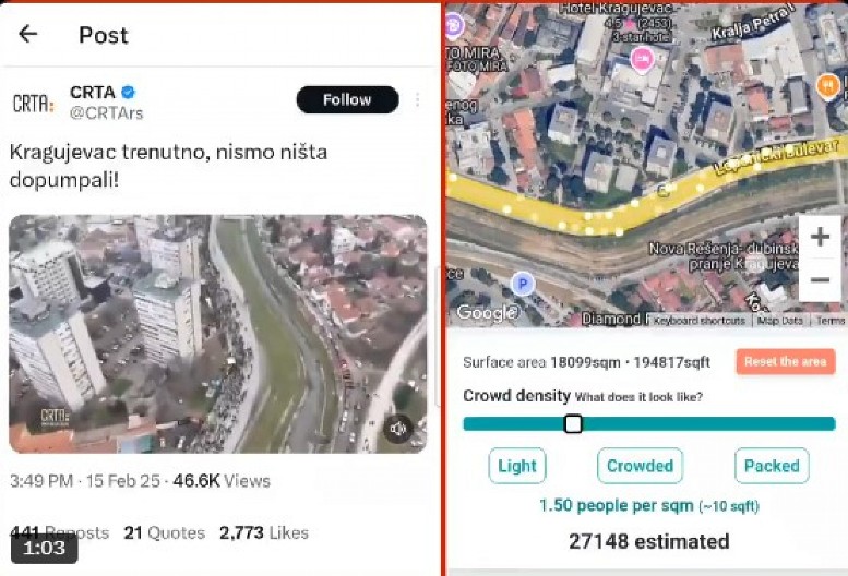 NA PROTESTU U KRAGUJEVCU 4 PUTA MANJE LJUDI NEGO NA SLAVIJI! Maksimalno 27.000 ljudi!