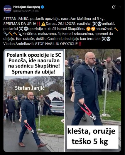 "POSLANIK SA SRBOSEKOM" Bakarec objavio jezivu fotografiju NAORUŽANOG Janjića ispred Skupštine!