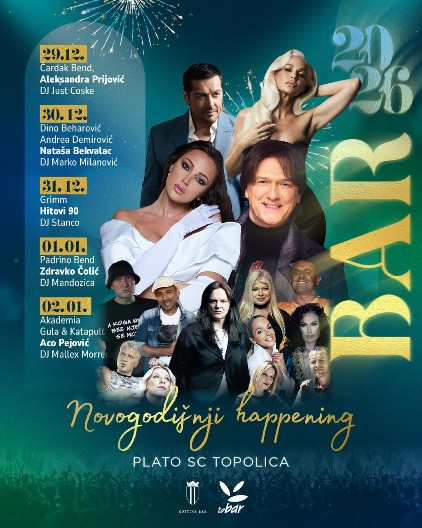 NAJVEĆE BALKANSKE ZVEZDE ZA NOVU GODINU U BARU! Aleksandra Prijović, Nataša Bekvalac, doček uz hitove 90-ih, repriza uz Zdravka Čolića i Aca Pejovića